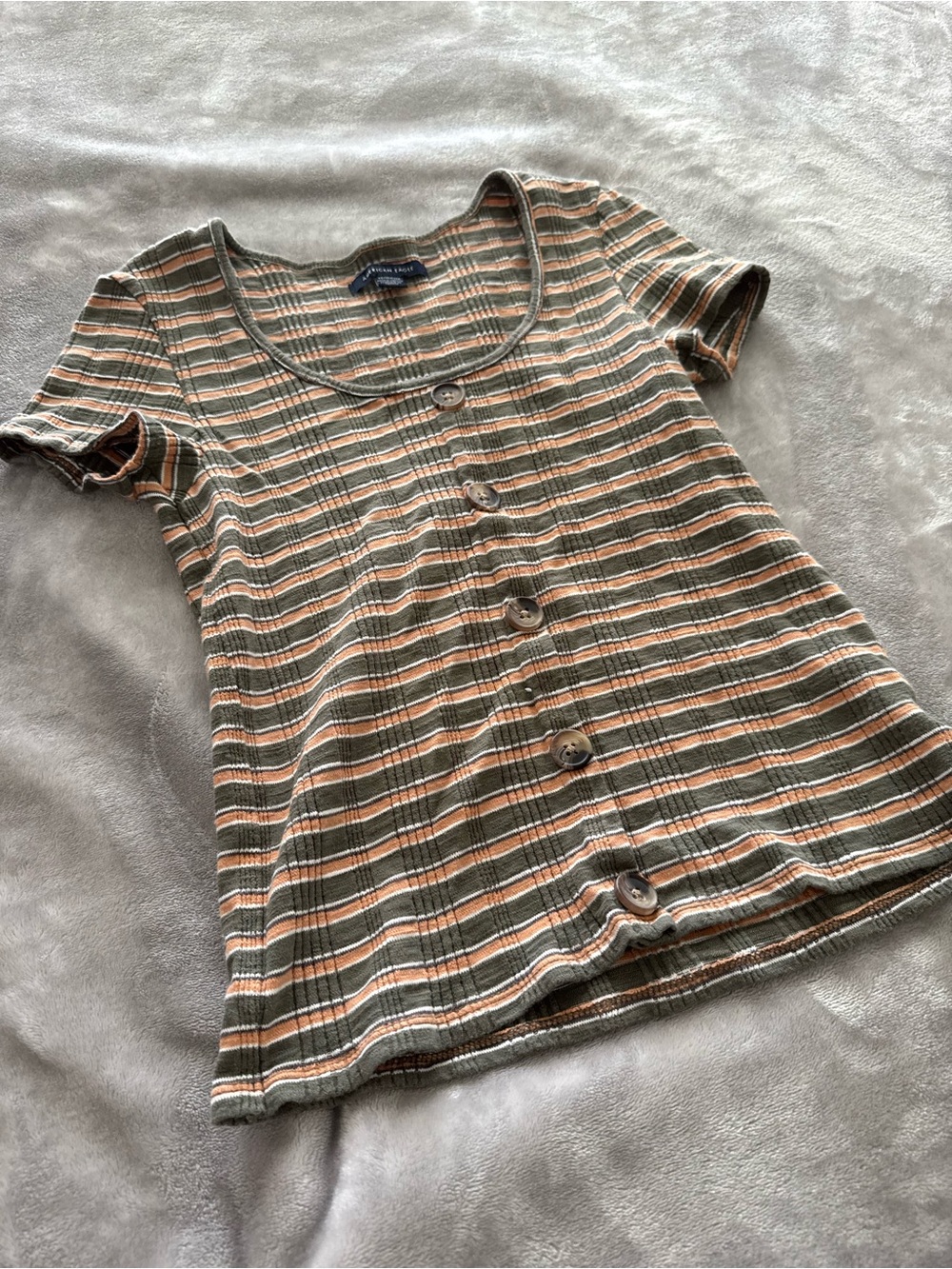 American Eagle Outfitters Olive, Peach & White Striped Button-Front Crop Top